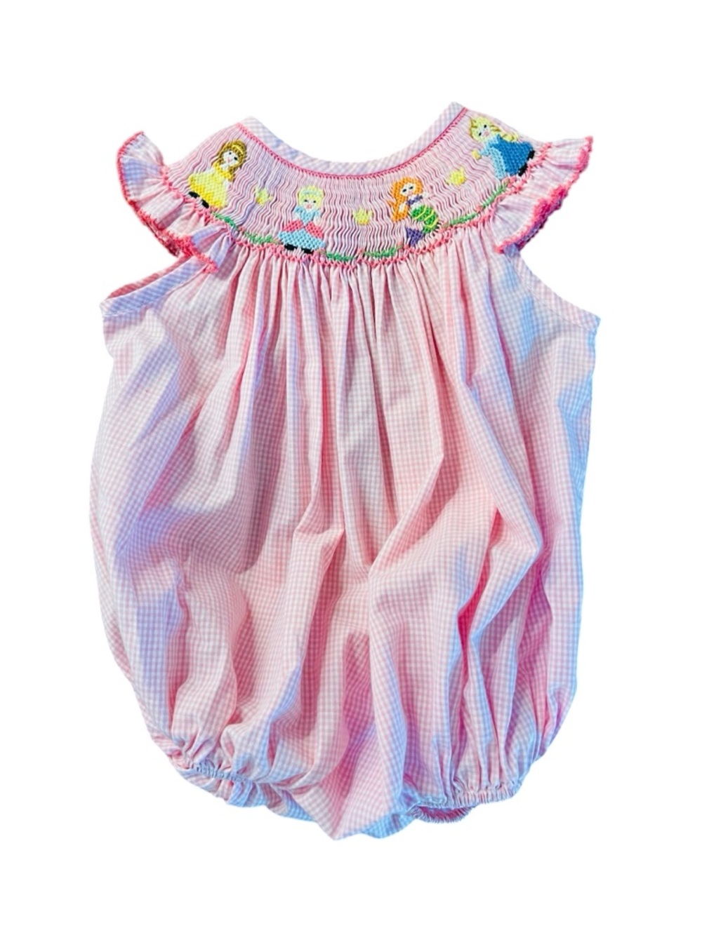 Classic Whimsy Pink Smocked Embroidered Princess Ruffle Baby Bubble Romper